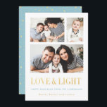 Gold LOVE & LIGHT Simple Photo Hanukkah Cards<br><div class="desc">Cute, simple and classic photo Hanukkah Cards with space for three photos, the words "LOVE & LIGHT" in a shiny gold foil effect (note this is just a printed effect, not actual gold foil). The backer design features a frame of shiny gold stars and polka dots against a light blue...</div>