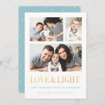 Gold LOVE & LIGHT Simple Photo Hanukkah Cards<br><div class="desc">Cute, simple and classic photo Hanukkah Cards with space for three photos, the words "LOVE & LIGHT" in a shiny gold foil effect (note this is just a printed effect, not actual gold foil). The backer design features a frame of shiny gold stars and polka dots against a light blue...</div>