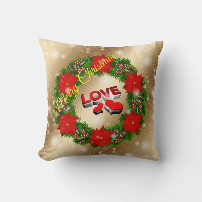 Gold Love Merry Christmas Throw Pillow (Front)