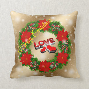 Gold Love Merry Christmas Throw Pillow