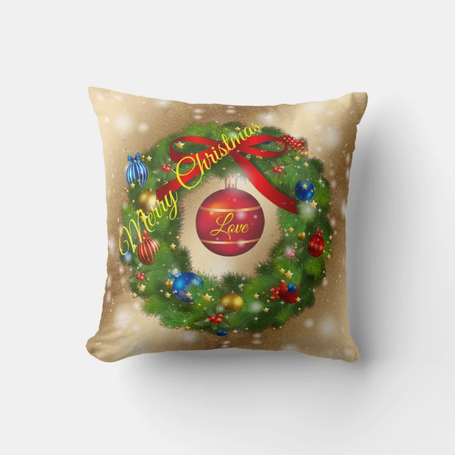 Gold Love Merry Christmas Throw Pillow (Front)