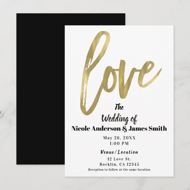 Gold LOVE Modern Brush Script Wedding Invitation (Front/Back)