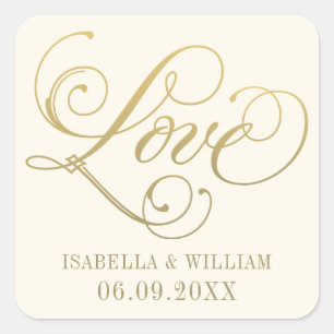 Gold Love Script Ivory Monogram Wedding Square Sticker