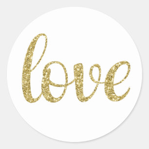 Gold love stickers, glitter font, round classic round sticker