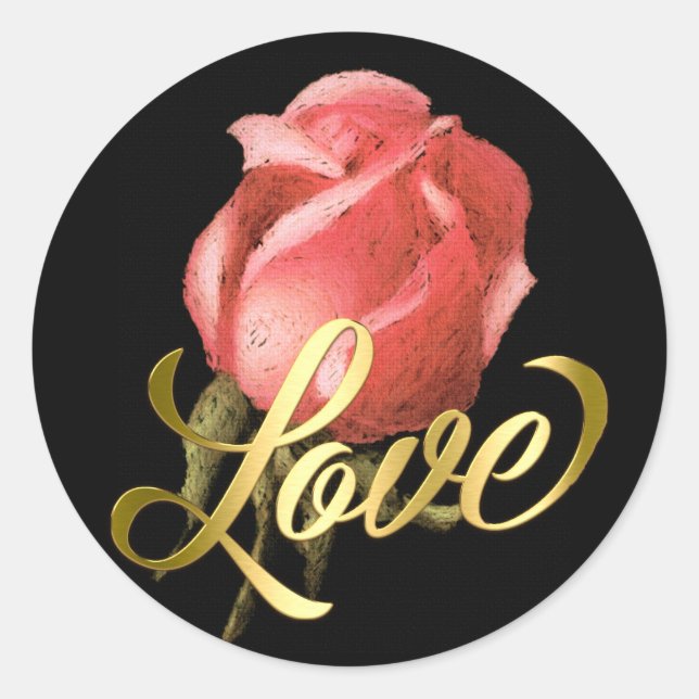 Gold Love with Coral Pink Rose Classic Round Sticker (Front)