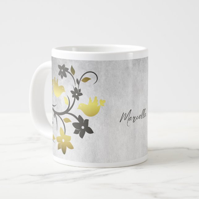 Gold Lovebirds Personalized Giant Coffee Mug (Front Left)