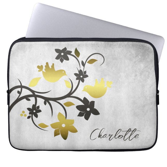 Gold Lovebirds Personalized Laptop Sleeve (Front)