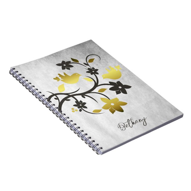 Gold Lovebirds Personalized Notebook (Right Side)