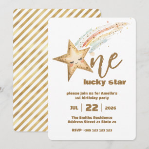 Gold Lucky Star 1st Birthday Party Invitation 