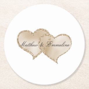Gold Luxe Glitter Glitz Hearts Wedding       Round Paper Coaster