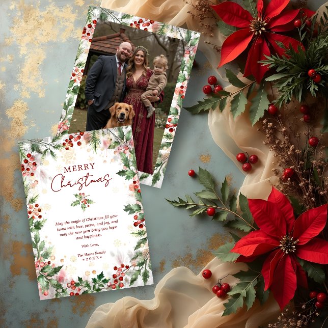 Gold Luxurious Classy Christmas Holly Branches Holiday Card (Faux Gold Luxurious Classy Christmas Holly Branches Frame with Photo Back Holiday Cards.)