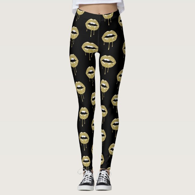 Gold Luxury Beauty Glam Gold Drip Dripping Lips Leggings (Front)