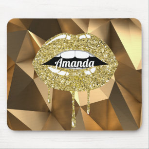 Gold Luxury Beauty Glitter Drip Dripping Lips Mouse Pad