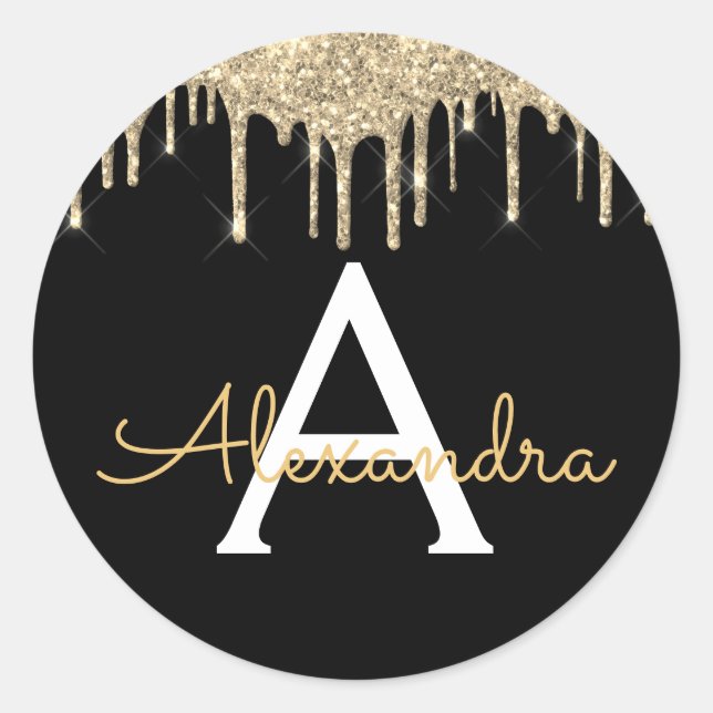 Gold Luxury Glitter Glam Monogram Name Classic Round Sticker (Front)