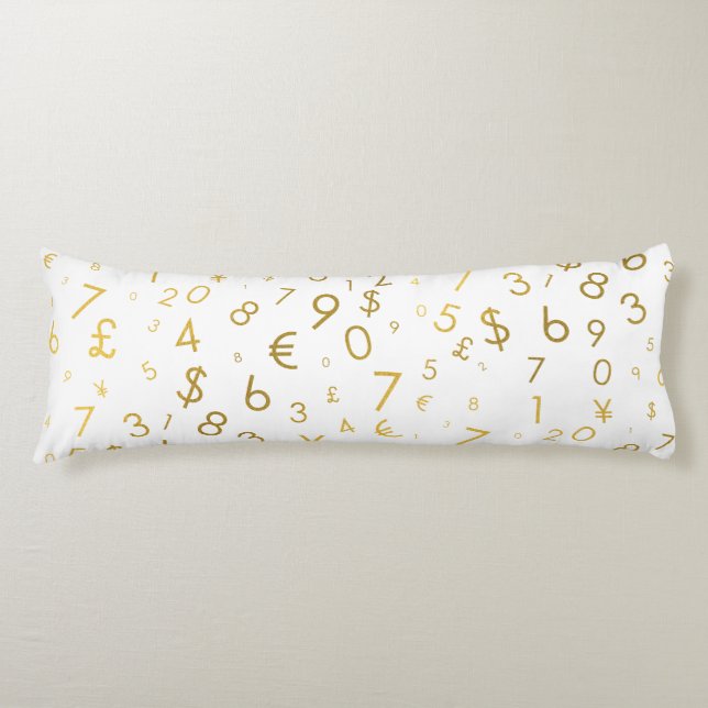 Gold Luxury Numbers & Currency Symbols Pattern Body Pillow (Front)