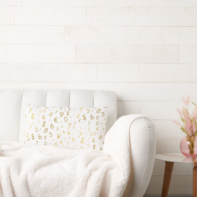 Gold Luxury Numbers & Currency Symbols Pattern Lumbar Pillow (Couch)