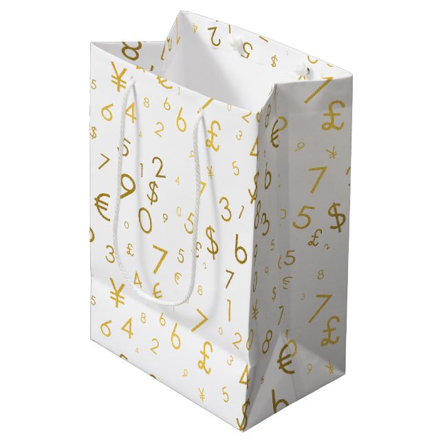 Gold Luxury Numbers & Currency Symbols Pattern Medium Gift Bag (Front Angled)
