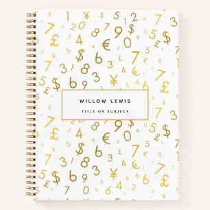 Gold Luxury Numbers & Currency Symbols Pattern Notebook