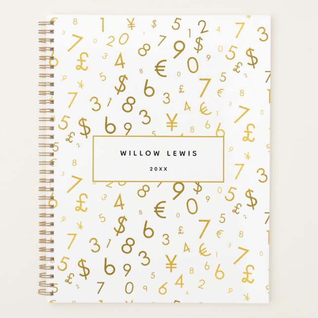 Gold Luxury Numbers & Currency Symbols Pattern Planner (Front)