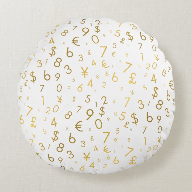 Gold Luxury Numbers & Currency Symbols Pattern Round Pillow (Front)