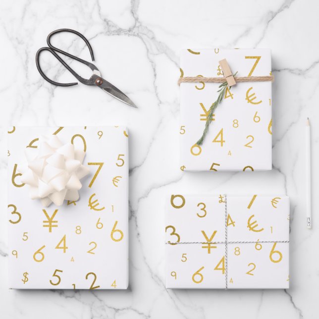 Gold Luxury Numbers & Currency Symbols Pattern Wrapping Paper Sheet (Front)