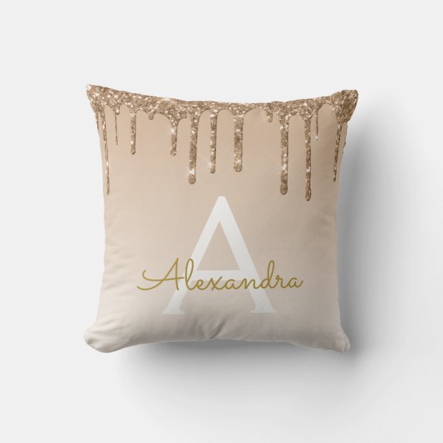 Gold Luxury Sparkle Glitter Monogram Throw Pillow (Front)