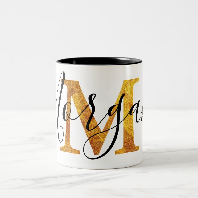 Gold 'M' Monogram w/ Personalized Name Two-Tone Coffee Mug (Center)