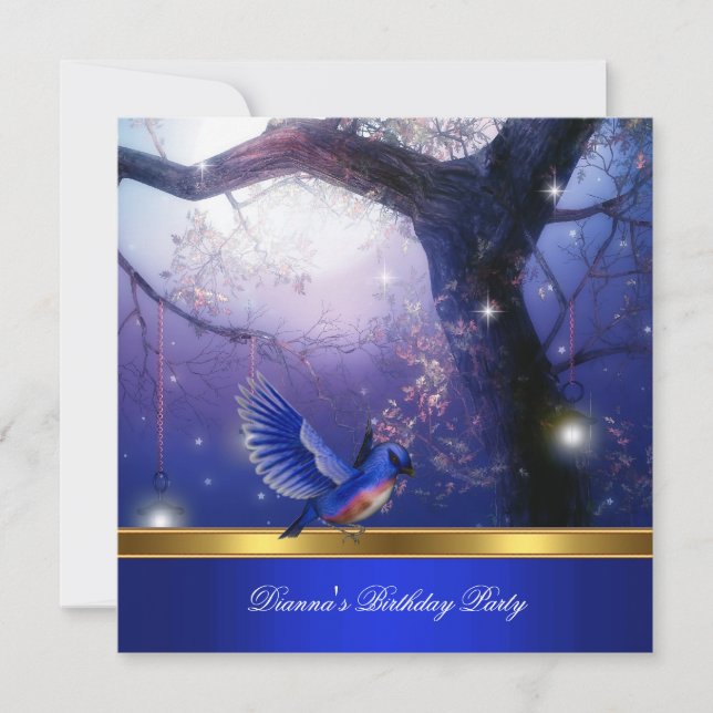 Gold Magical Blue Birds Blue Birthday Party Invitation (Front)