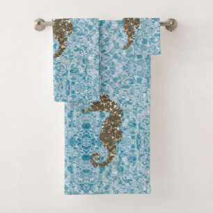 Gold Magical Sea Horse on Abstract Blue Bath Towel Set