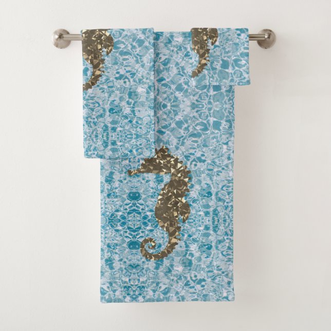 Gold Magical Sea Horse on Abstract Blue Bath Towel Set (Insitu)