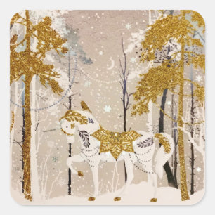 Gold Magical Snowy Forest Unicorn Nature Square Sticker