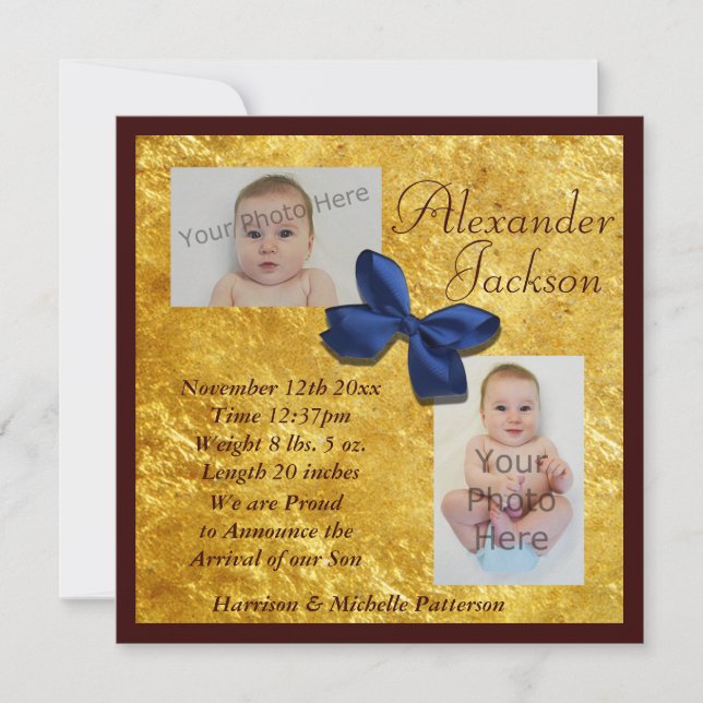 Gold & Mahogany Boy's Faire-part de naissance (Devant)