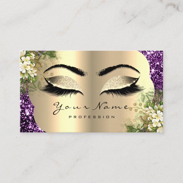 Gold Makeup Artist Lashes Floral Mint Purple Business Card (Front)