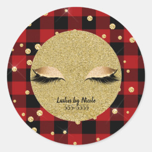 Gold Makeup Eye Lashes Holiday Red Buffalo Plaid Classic Round Sticker