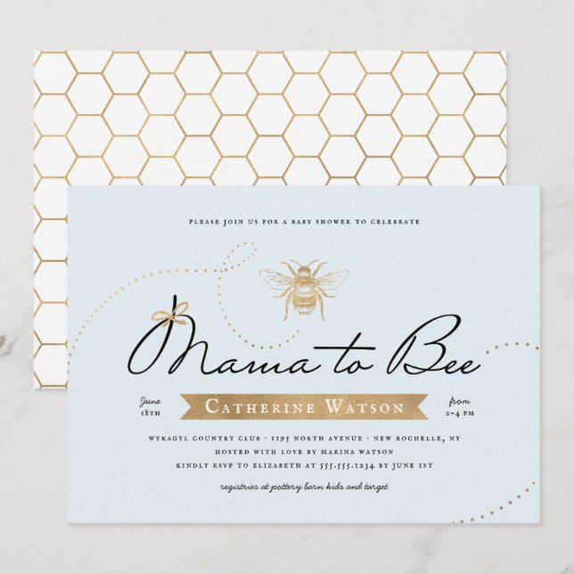 Gold Mama to Bee Baby Shower Blue Invitation (Front/Back)