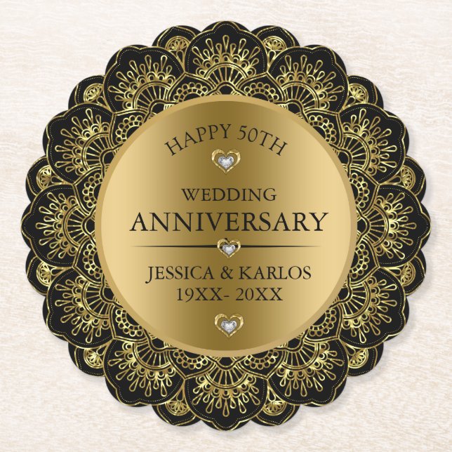 Gold mandala 50th gold wedding anniversary paper coaster (Front)