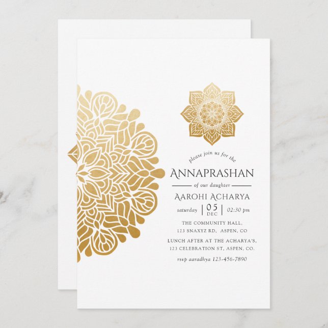 Gold Mandala Annaprashan First Rice Ceremony Invitation (Front/Back)