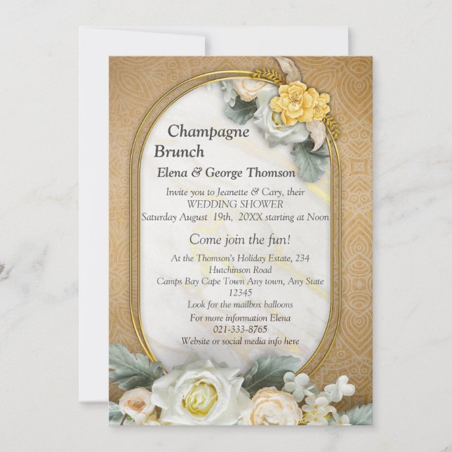 Gold Mandala background with White Roses Invitation (Front)