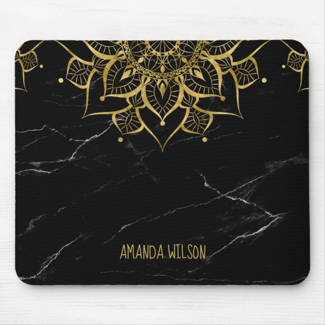 gold mandala black marble mouse pad (Front)