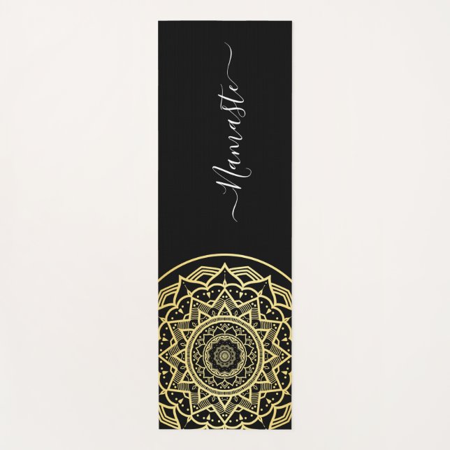 Gold Mandala Black Namaste Script Yoga Mat (Front)