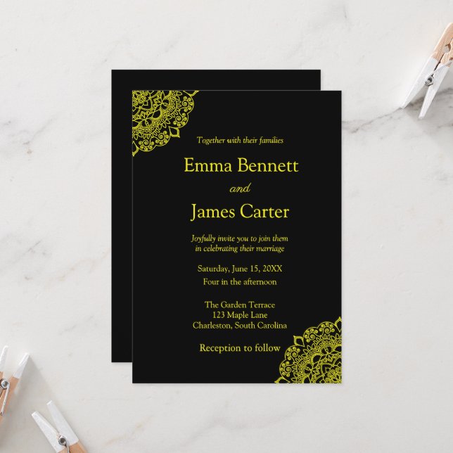Gold mandala black wedding invitaion (Front/Back In Situ)