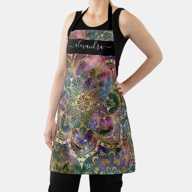 Gold Mandala Blue Purple Nebula Custom Name Apron (Insitu)