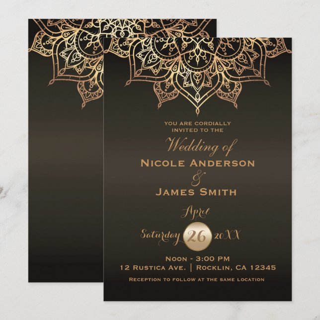 Gold Mandala Brown Bronze Modern Elegant Wedding Invitation (Front/Back)