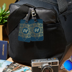 Gold Mandala Damask Pattern & Monogram Luggage Tag