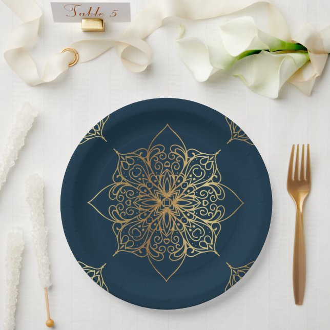 Gold Mandala Damask Pattern Paper Plate (Wedding)