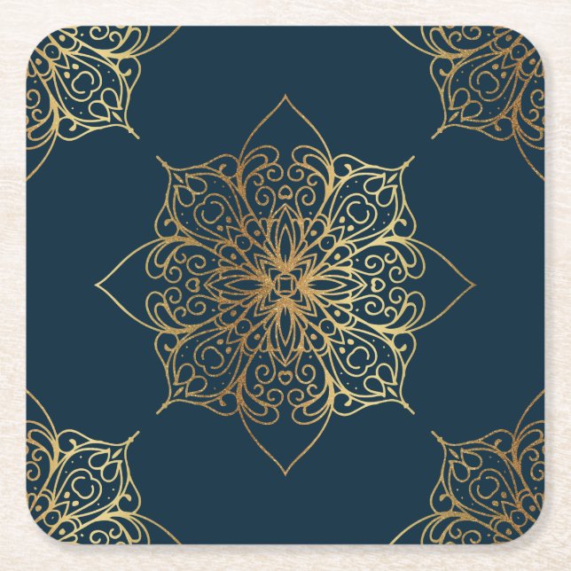 Gold Mandala Damask Pattern Square Paper Coaster (Front)