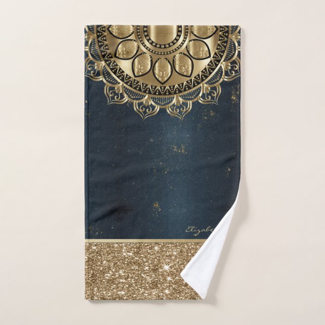 Gold Mandala,Glitter Navy Blue Bath Towel Set (Hand Towel)
