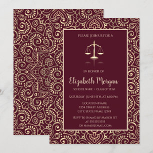 Gold Mandala Law School Burgundy Graduation  Invitation