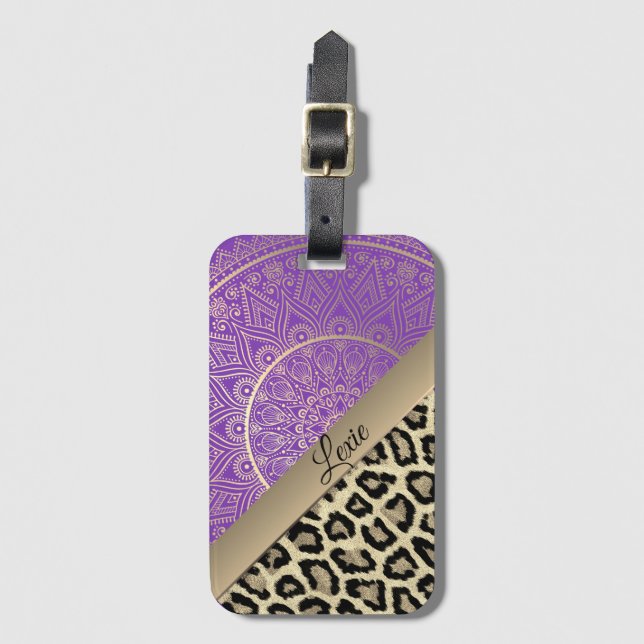 Gold Mandala Leopard Print Personalized Luggage Tag (Front Vertical)