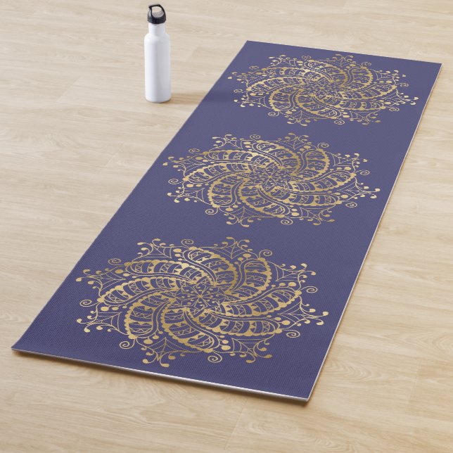 Gold Mandala Navy Blue Boho Yoga Mat (In Situ)
